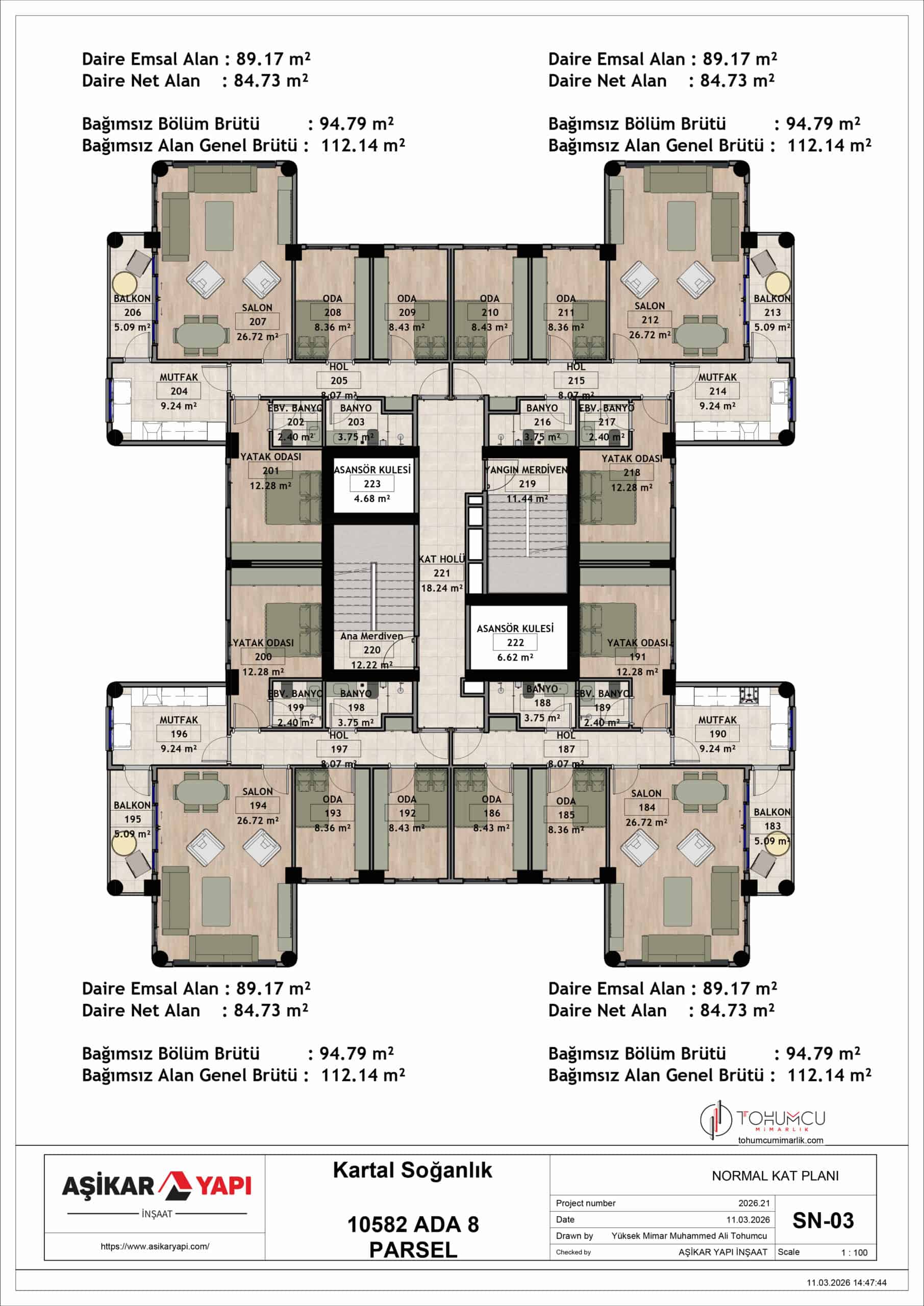 NORMAL KAT PLANI_4 DAİRELİ SEÇENEK_10582 ADA 8 PARSEL KARTAL UĞURMUMCU